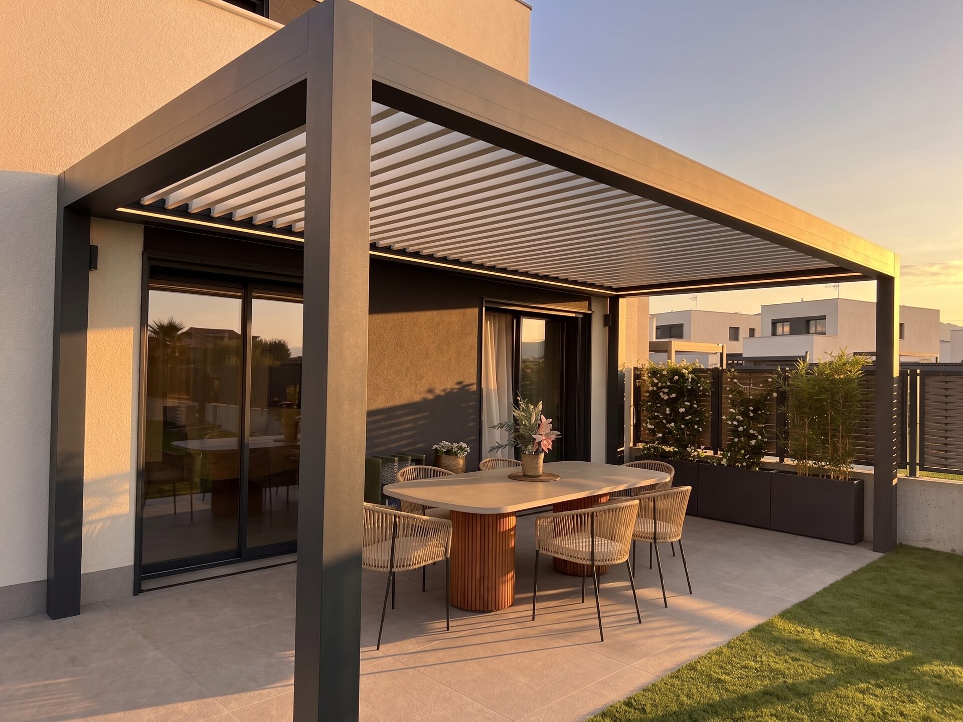 Pérgola bioclimática CERCA adosada a una vivienda moderna, sobre una terraza con mesa de comedor y jardín, al atardecer